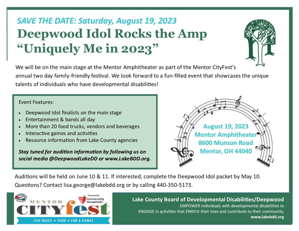 Are you interested in auditioning for Deepwood Idol 2023? The main event will take place on August 19, 2023 and will be part of the Mentor CityFest celebrations. Visit www.lakebdd.org to learn more or call 440-350-5100.