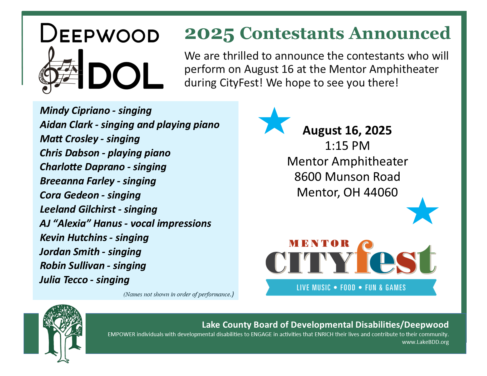 Deepwood Idol Flyer Announcing The Finalists Who Will Perform At Mentor Cityfest On August 16, 2025 Starting At 1:15 PM. Questions? Call 440-350-5173.