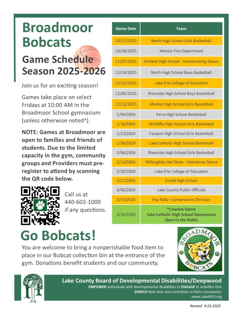 Flyer showing the schedule of schools who will be playing the Broadmoor Bobcats in basketball during school term 2025-2026. Questions can be answered by calling 440-602-1000. 
