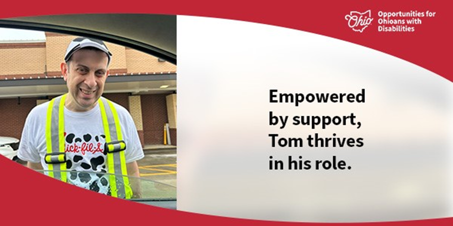 Photo of Lake County resident Tom La Spina in his work shirt highlighting finding his dream job at Chick-fil-A in Mentor, Ohio.