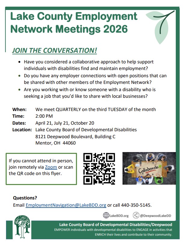 Flyer communicating Lake County Employment Meetings for 2026, which are held quarterly on the third Tuesday of the month starting at 2:00 PM at the Lake County Board of Developmental Disabilities in Mentor, Ohio. Call 440-350-5145 or email EmploymentNavigation@LakeBDD.org for more information.