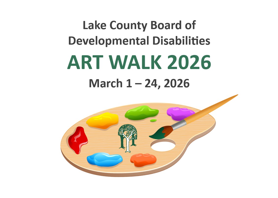 Painting Palette With Bright Colors And A Paint Brush Painting The Green Logo Tree Of The Lake County Board Of Developmental Disabilities And Words Art Walk 2026 Which Takes Place On March 1 - 24, 2026.