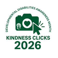 Green camera with click pointer communicating Kindness Clicks 2026 for Developmental Disabilities Awareness Month. 