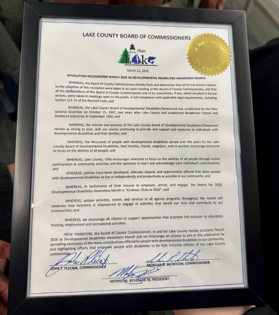 A proclamation for Developmental Disabilities Awareness Month presented on 3-12-2026 by the Lake County Commissioners.